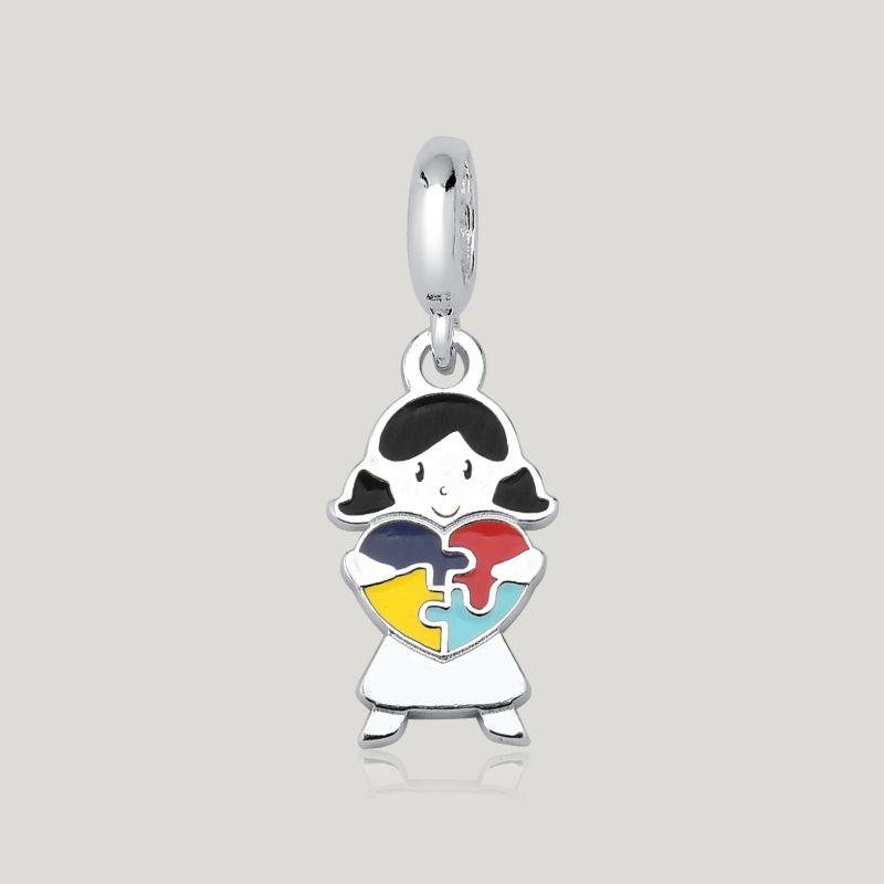 Pingente Menina com Coração Autismo Resinado - Prata 925